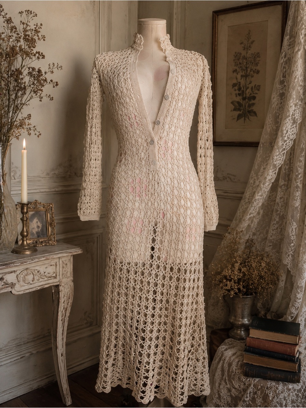 Handmade Crochet Button-Front Maxi Cardigan Dress in Cream
